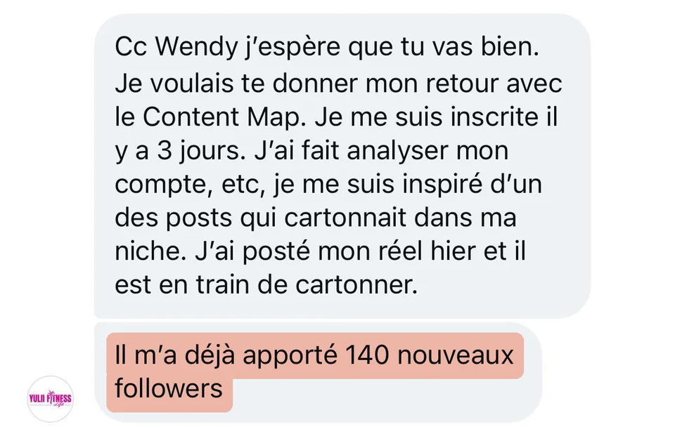 Direct message (in French): “I signed up 3 days ago… I posted my Reel yesterday and it's blowing up. It already brought me 140 new followers”