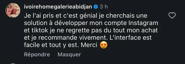 Comment from @ivoirehomegalerieabidjan (in French): “I don't regret my purchase at all”